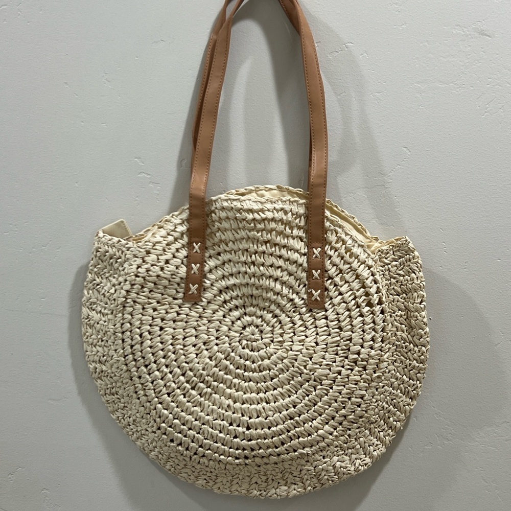 Beige Woven Tote Bag with Tan Straps